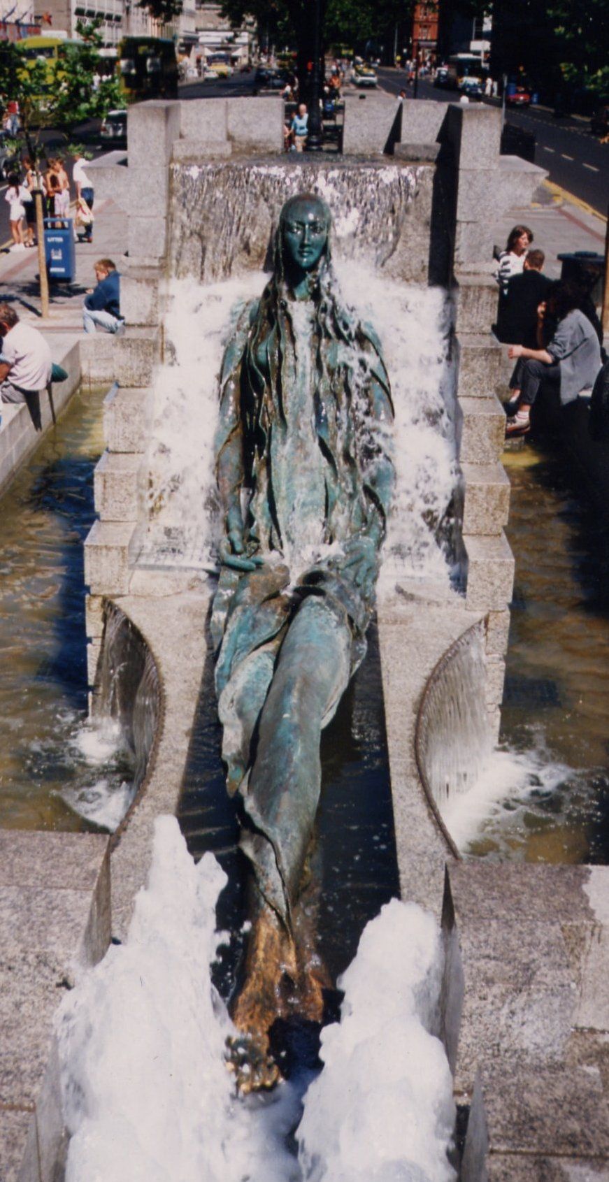 A photograph of the statue of Anna Livia (ALP) in its original location