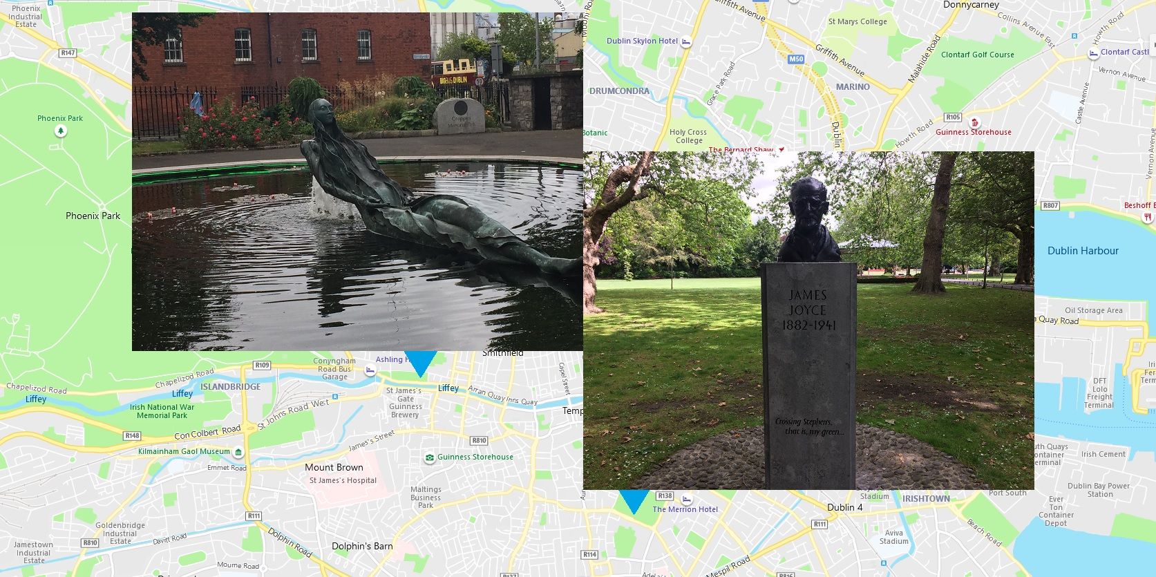 Anna Livia and James Joyce on opposing sides of the River Liffey, but together in celebratory wanderings as contained within the one Dublin