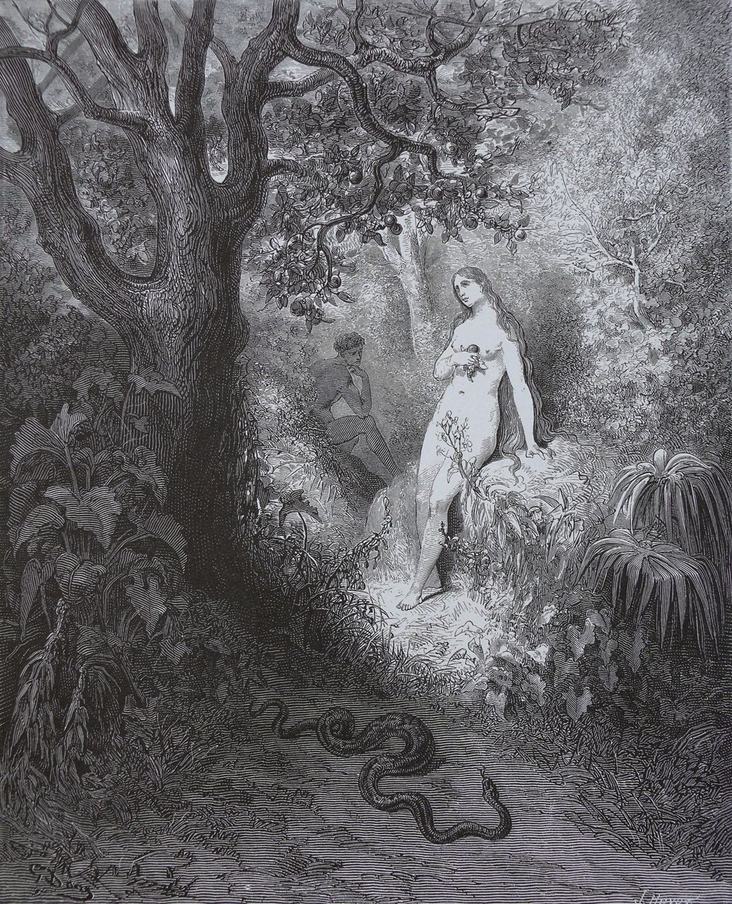 Illustration for Paradise Lost by Gustave Doré, depicting Adam, Eve, and the Serpent