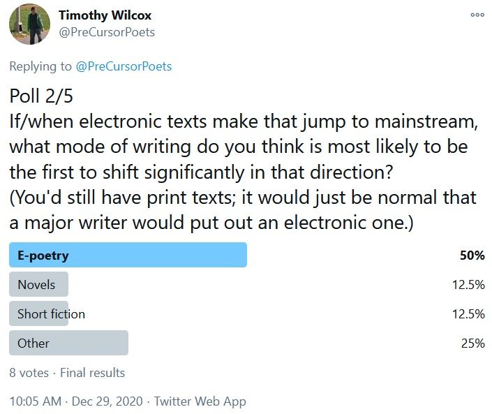 Poll 2/5 If/when electronic texts make that jump to mainstream, what mode of writing do you think is most likely to be the first to shift significantly in that direction? (You'd still have print texts; it would just be normal that a major writer would put out an electronic one.) E-poetry 50% Novels 12.5% Short fiction 12.5% Other 25%