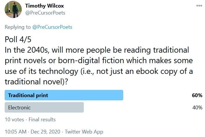 Poll 4/5 In the 2040s, will more people be reading traditional print novels or born-digital fiction which makes some use of its technology (i.e., not just an ebook copy of a traditional novel)? Traditional print 60% Electronic 40%