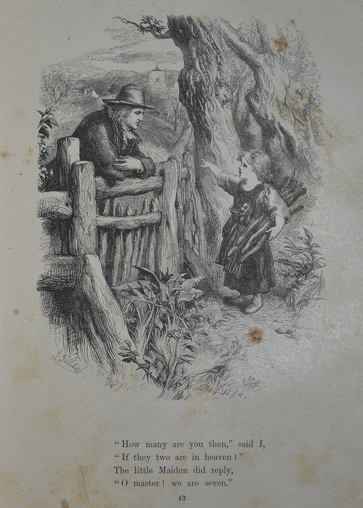 A passage from Wordsworth's "We Are Seven" with engraving from the Brothers Dalziel: A man leans over a fence and speaks to rustic cottage girl who is gathering wood.