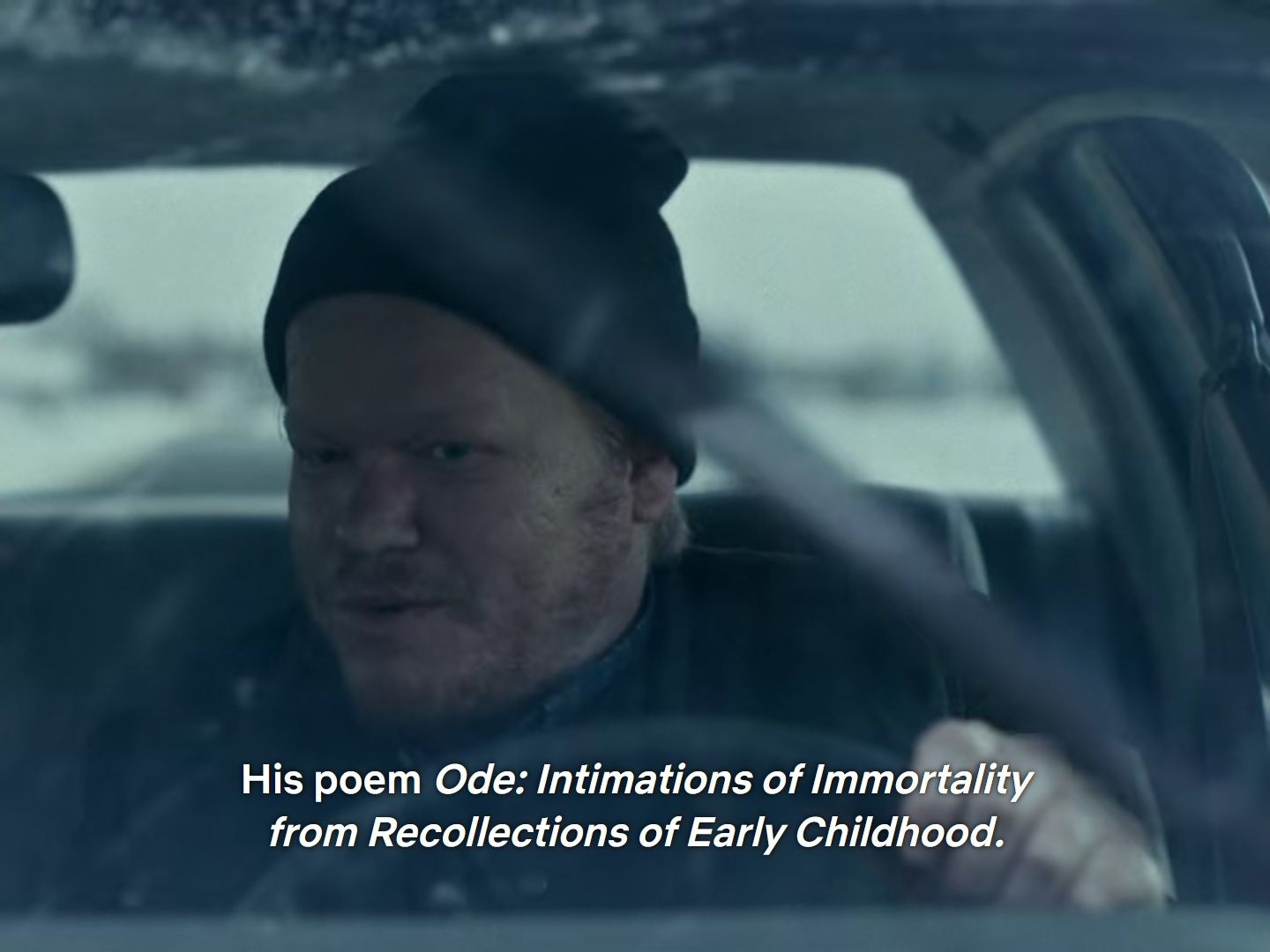 Still from I'm Thinking of Ending Things: Jake says, "His poem Ode: Intimations of Immortality from Recollections of Early Childhood"