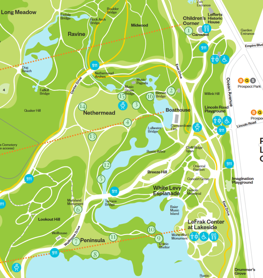 Map of Prospect Park with reading spot markers