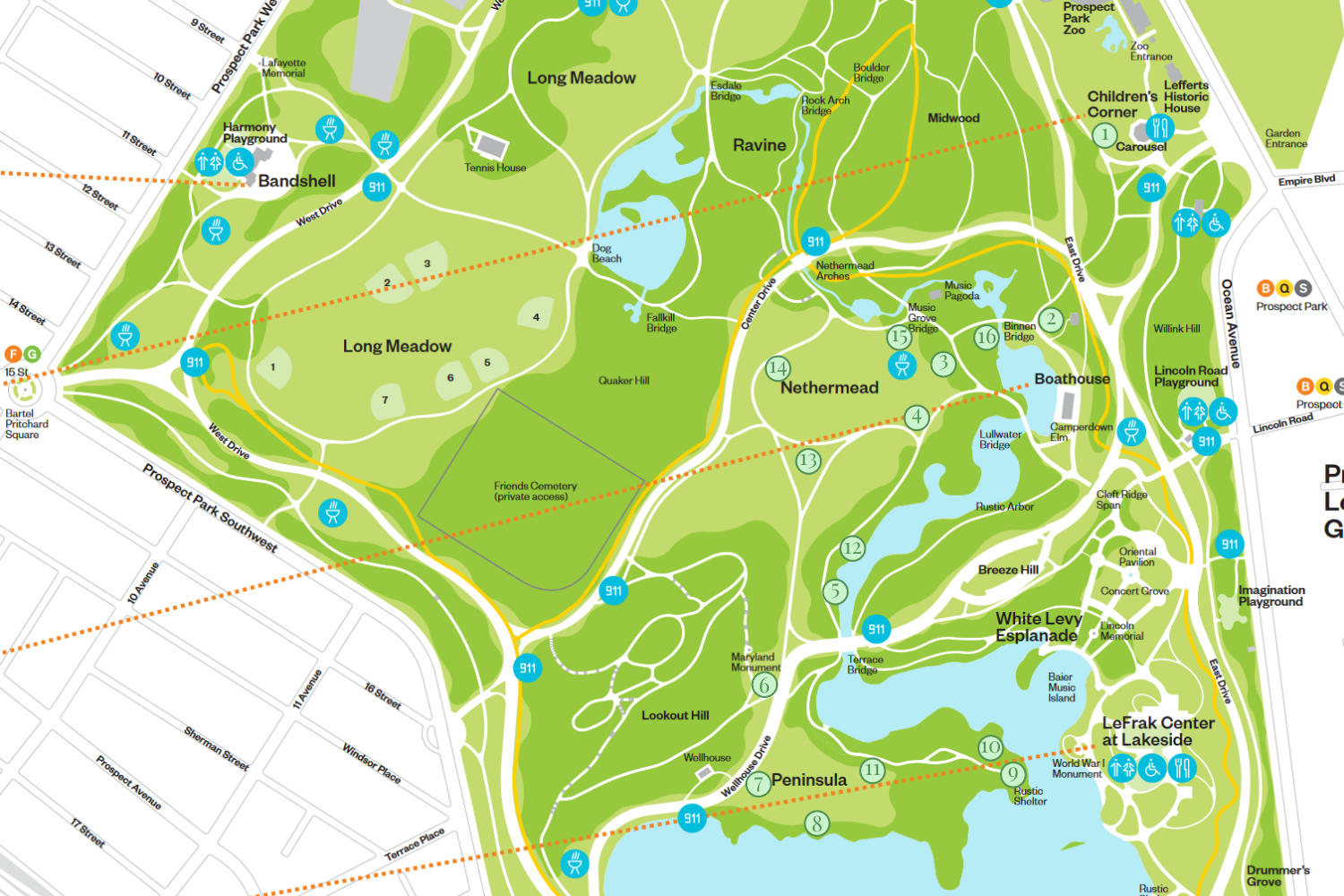 Map of Prospect Park with reading spots labeled.