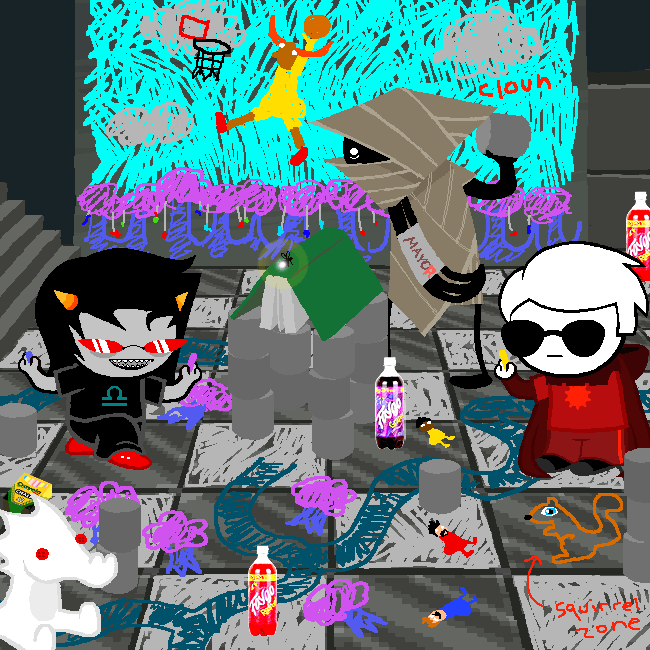 A panel from Homestuck in which members of three worlds come together to build Can Town